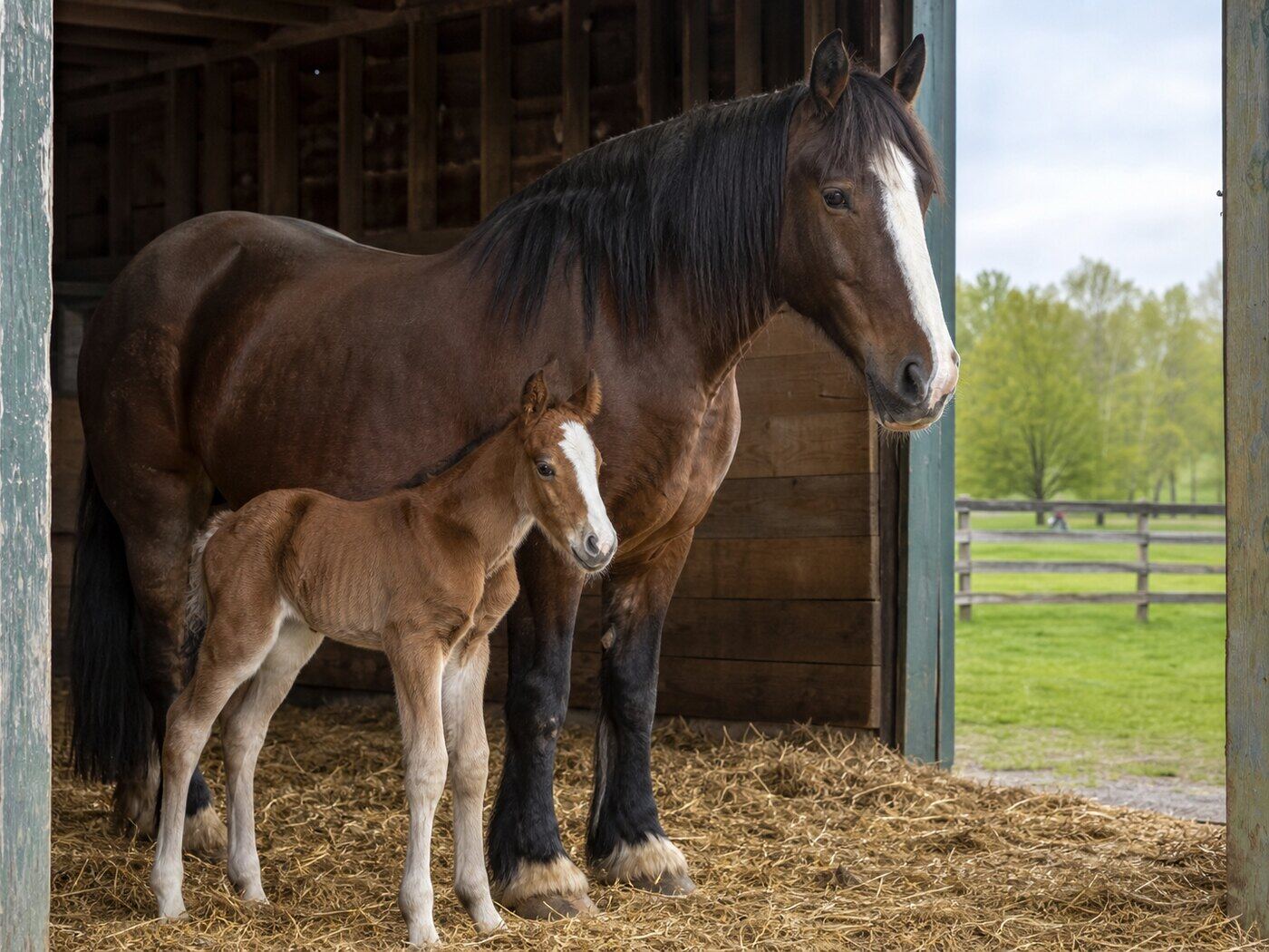 Draft mare and foal standing together at a New England barn doorway