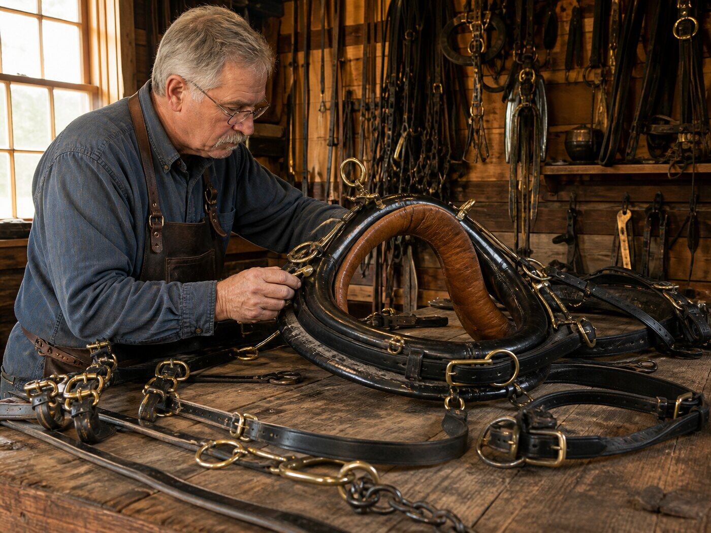 Harness maker inspecting a full collar and leather work harness