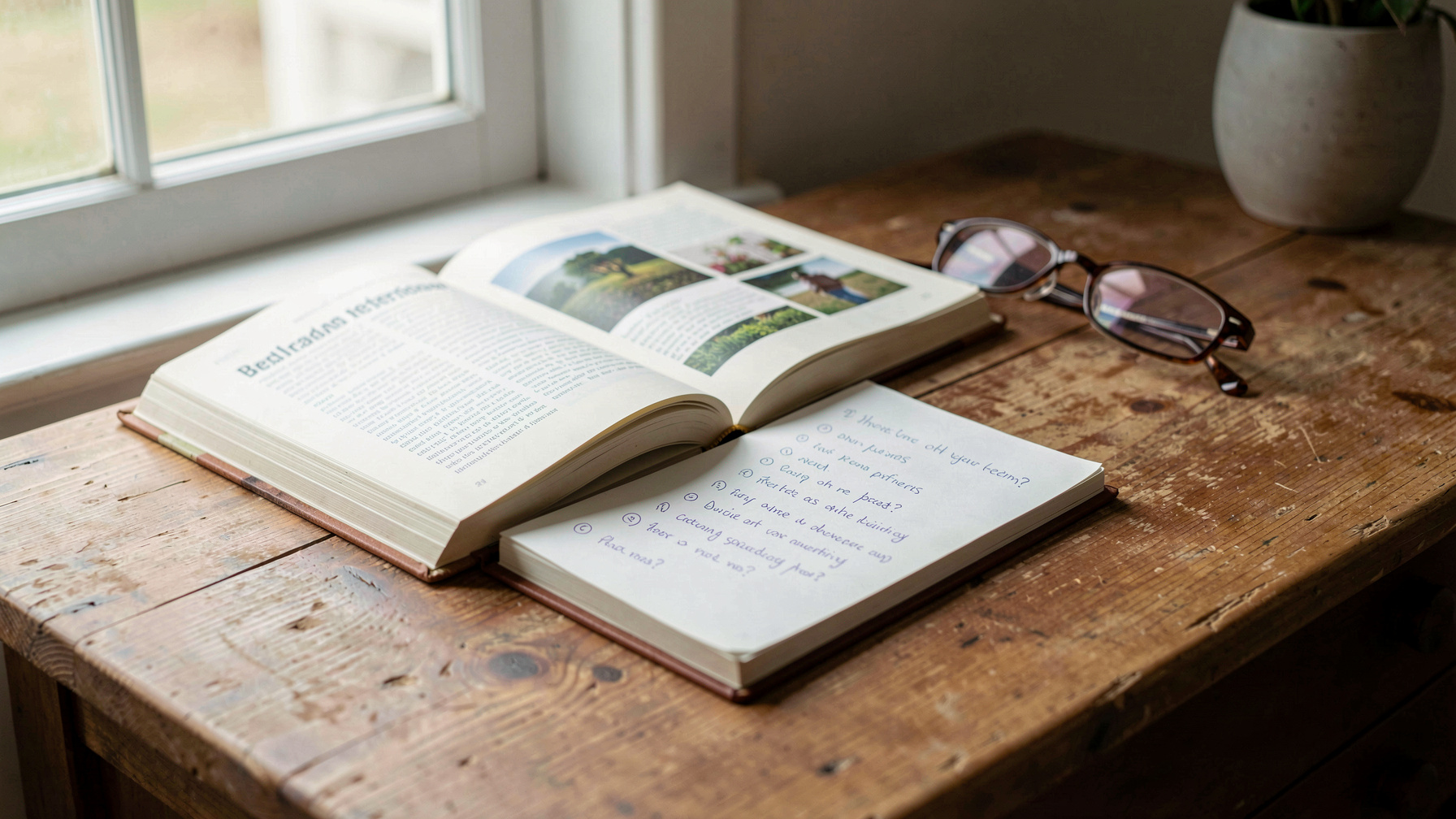 A wooden desk by a window with an open breed reference book, a pair of reading glasses and a handwritten list of questions on a notepad, soft morning light from the left, medium close shot.