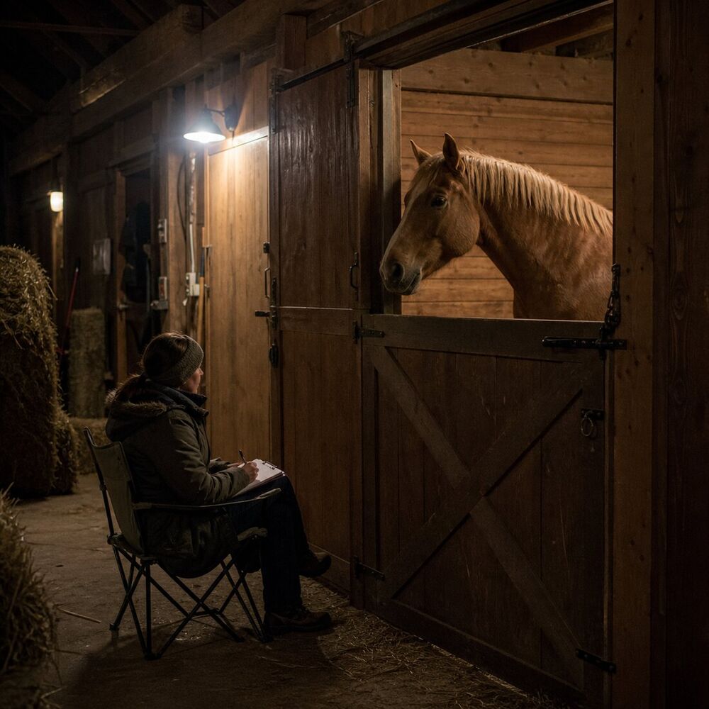 Caretaker keeping a quiet night watch outside a mare's stall