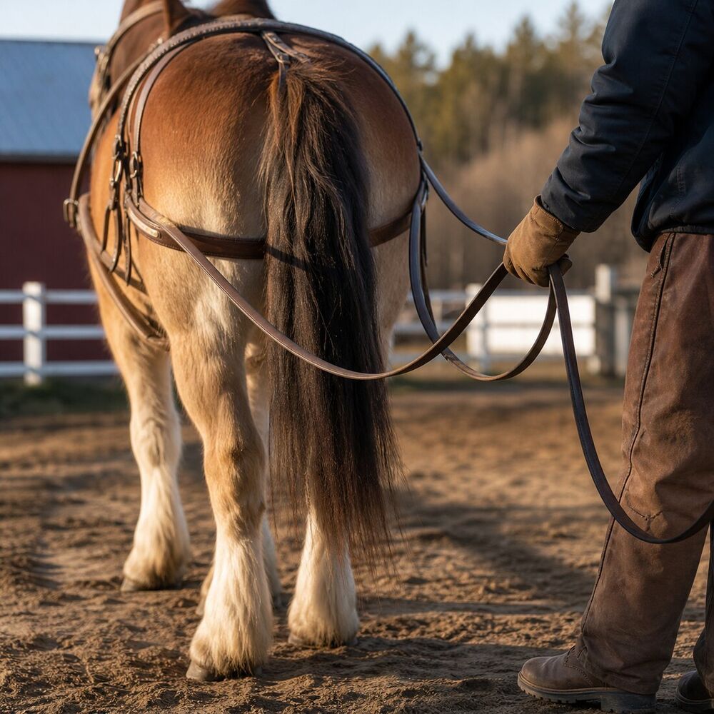 Long lines held behind a draft horse during a groundwork session