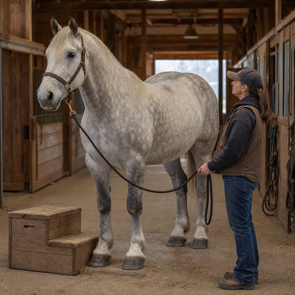 Gray draft horse standing quietly beside a handler and mounting block