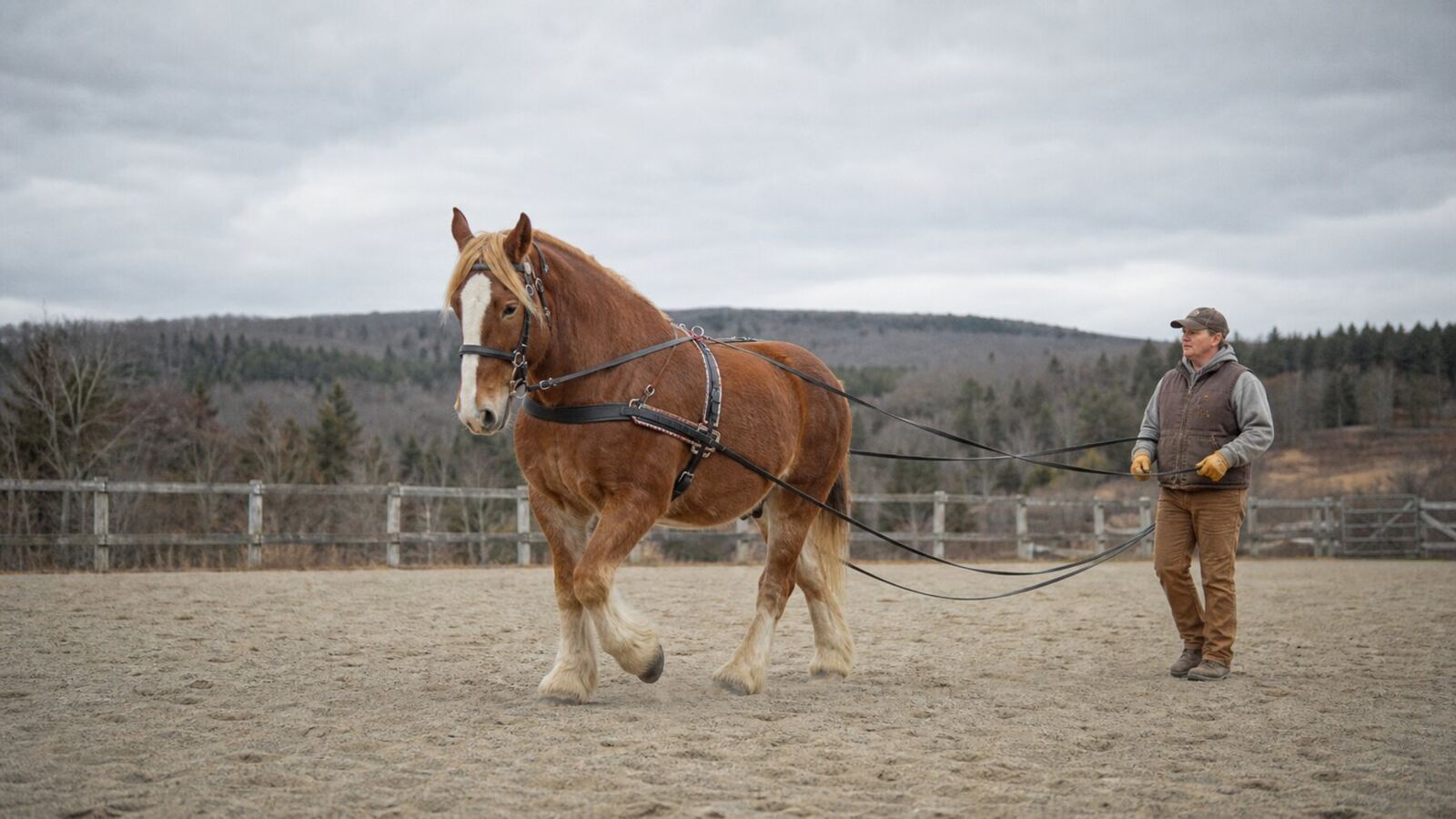 Handler ground-driving a chestnut Belgian draft horse in an outdoor arena