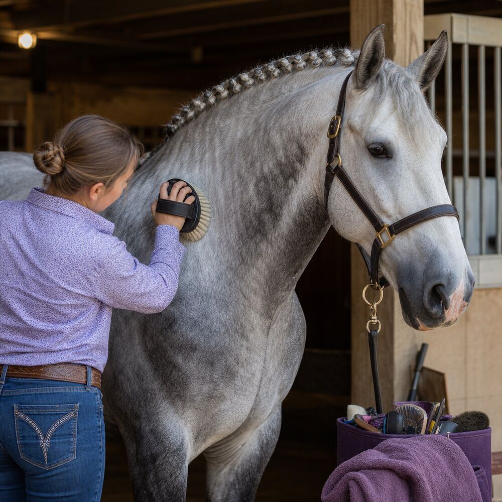Handler giving a braided gray draft horse a final body brushing