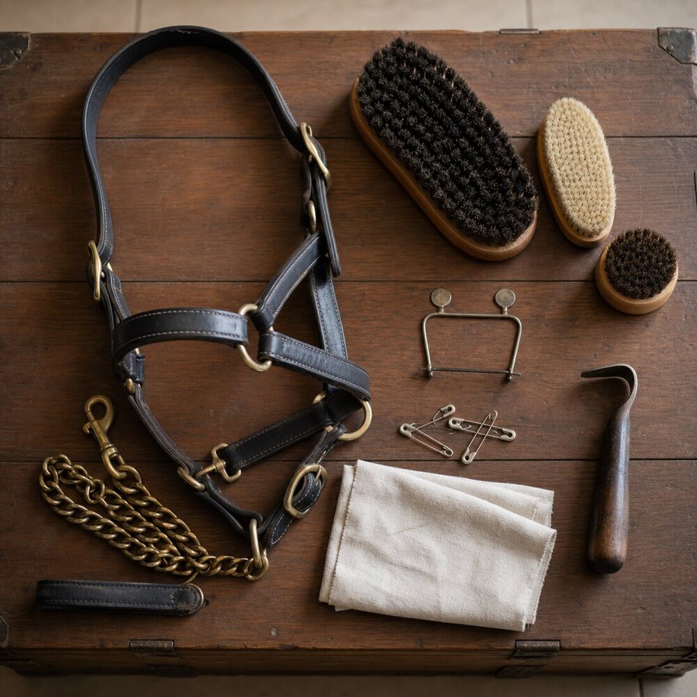 Leather show halter, brushes, cloth, hoof pick and number holder on a tack trunk