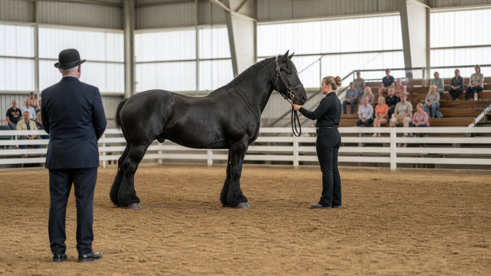 Black Percheron presented in profile to a judge in an indoor halter ring