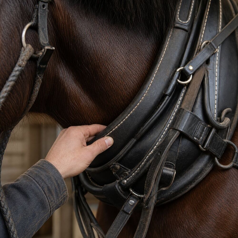 Hand checking the edge and clearance of a full draft-horse collar