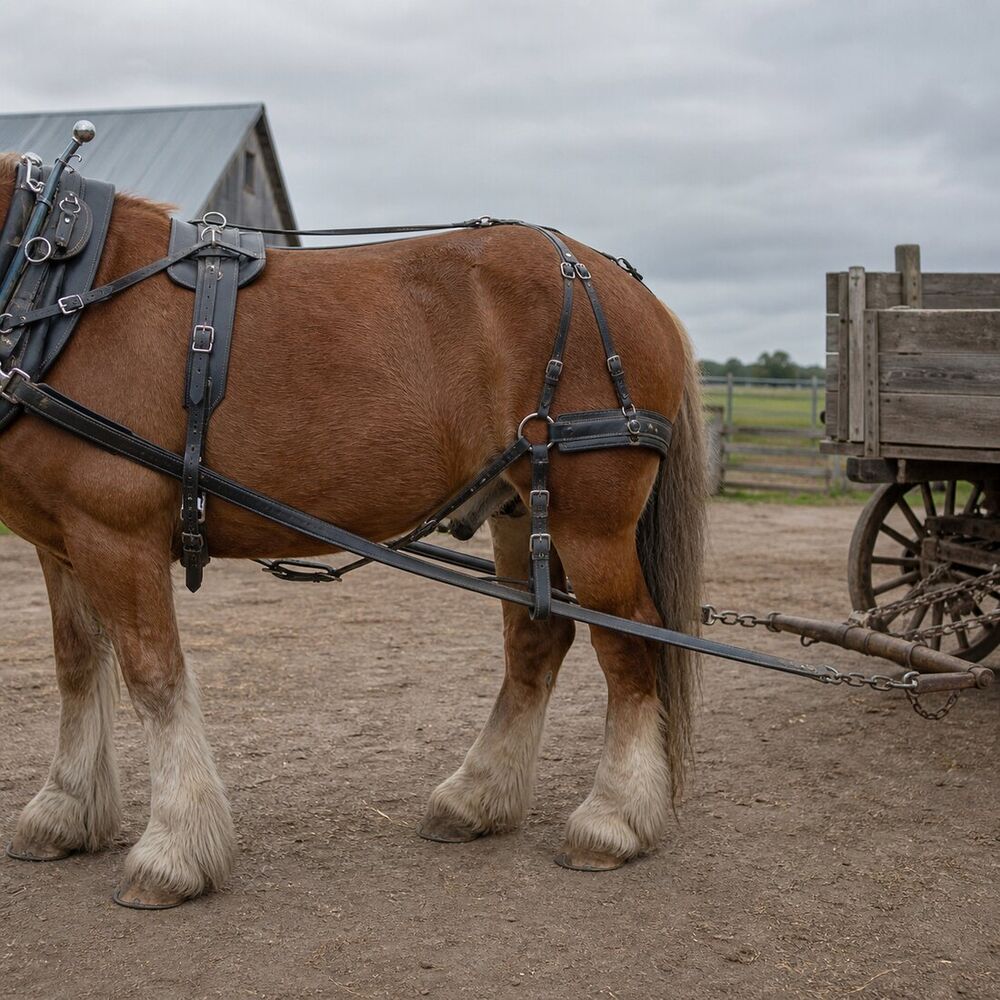 Side view of a draft horse wearing breeching and level traces to a wagon