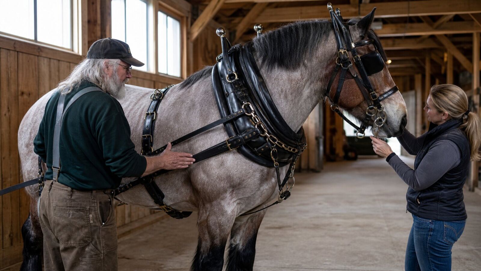 Harness maker and owner fitting a full collar to a roan draft horse