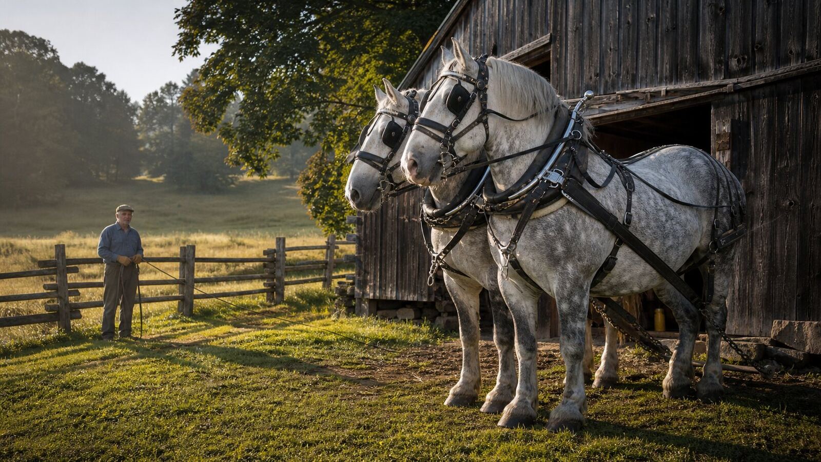 Two gray draft horses harnessed beside a weathered New England barn