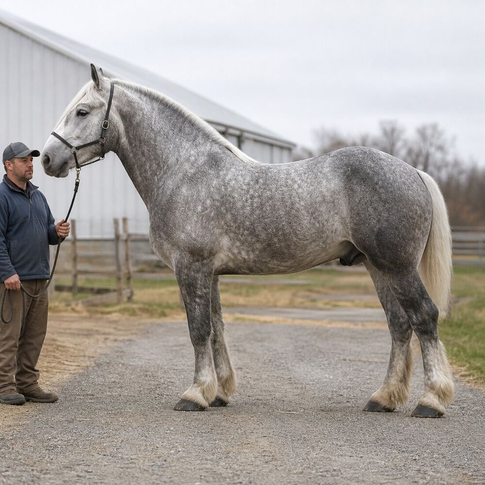 Draft stallion standing square in side profile in a farm paddock