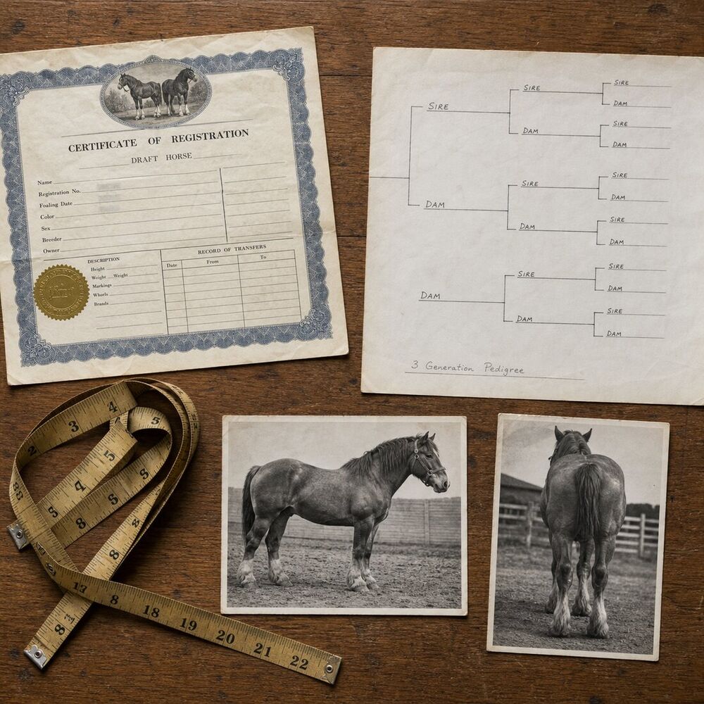 Pedigree certificate, conformation photographs and notes arranged on a desk