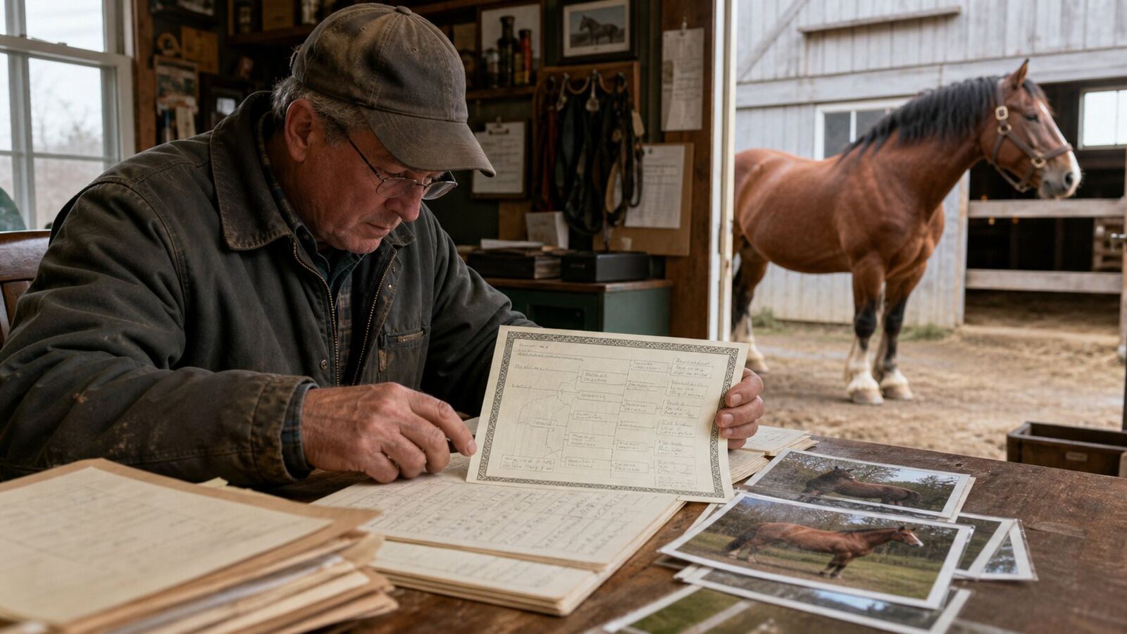 Breeder reviewing pedigree records at a desk while a draft stallion stands outside