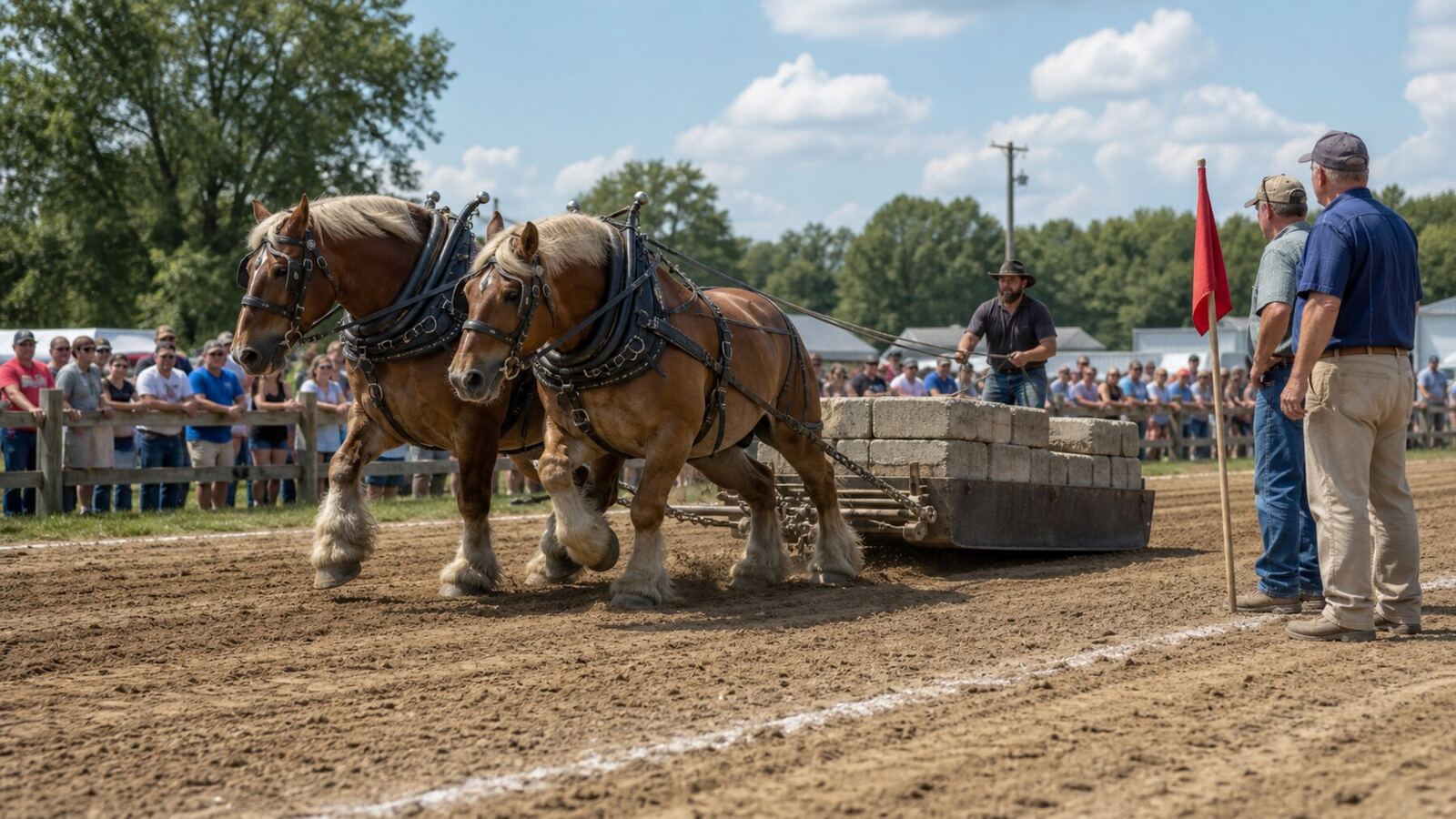Matched Belgian draft-horse team pulling a loaded stone boat past fair officials