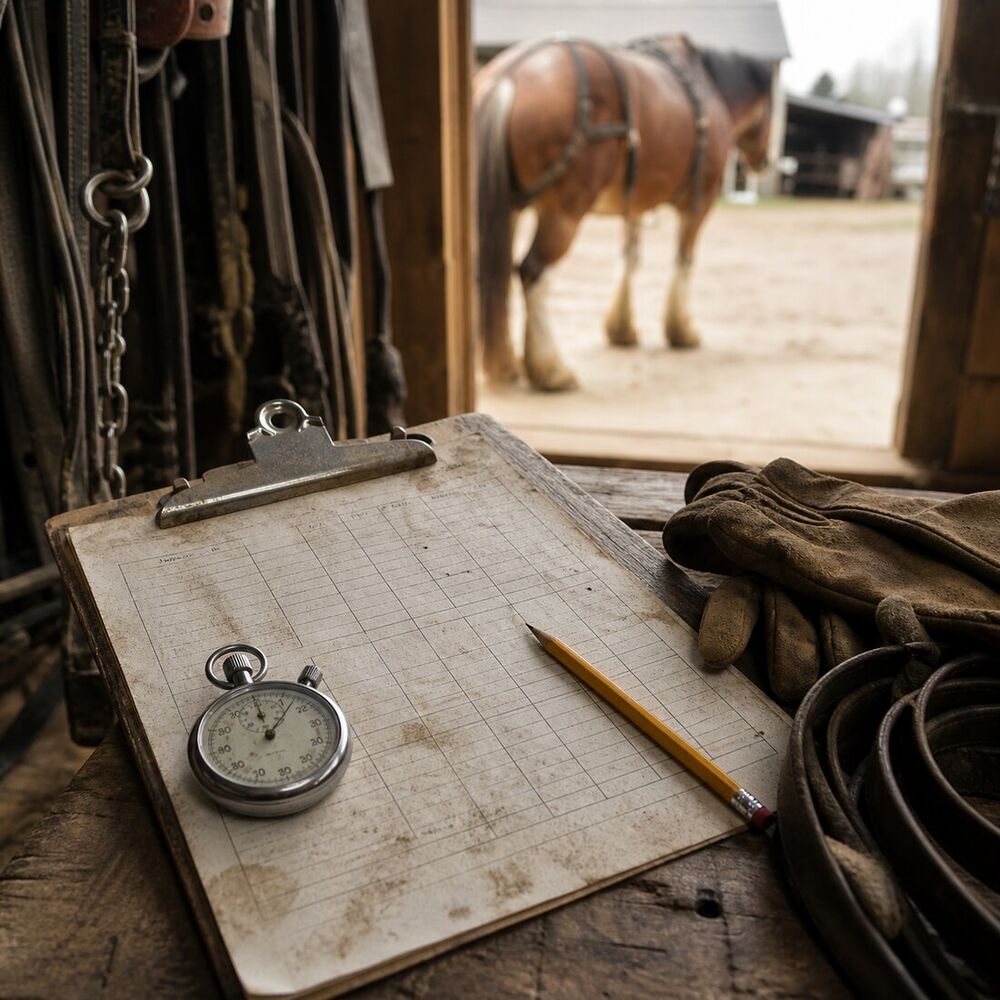 Training log, stopwatch, gloves and long lines on a tack-room bench
