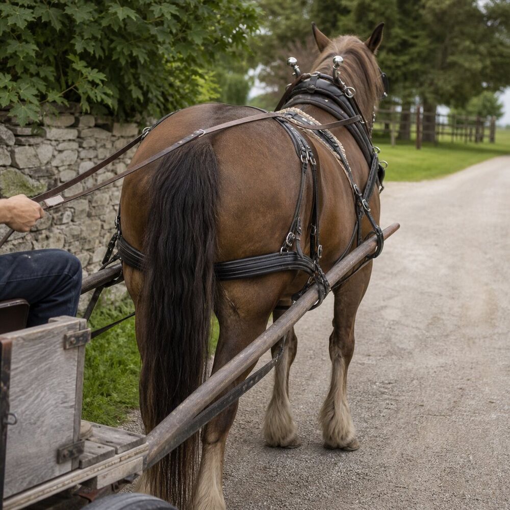 Draft horse standing in harness with breeching and traces visible