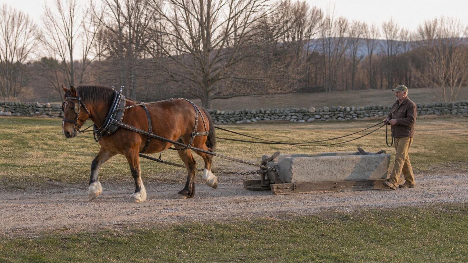 Bay draft horse taking a controlled first step with a low training stone boat