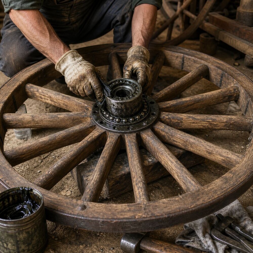 Mechanic cleaning and greasing the bearing of a removed wooden wagon wheel