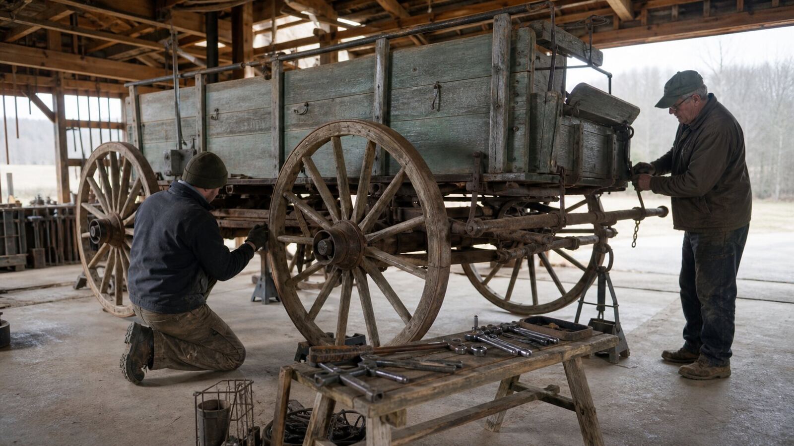 Two mechanics inspecting a traditional wooden draft wagon raised on stands